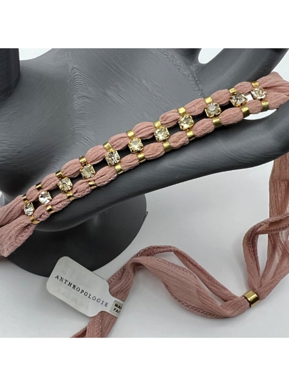 NWT Anthropologie Serefina Choker Necklace Dusty Blush Pink Gold Crystal Fabric - Picture 2 of 8